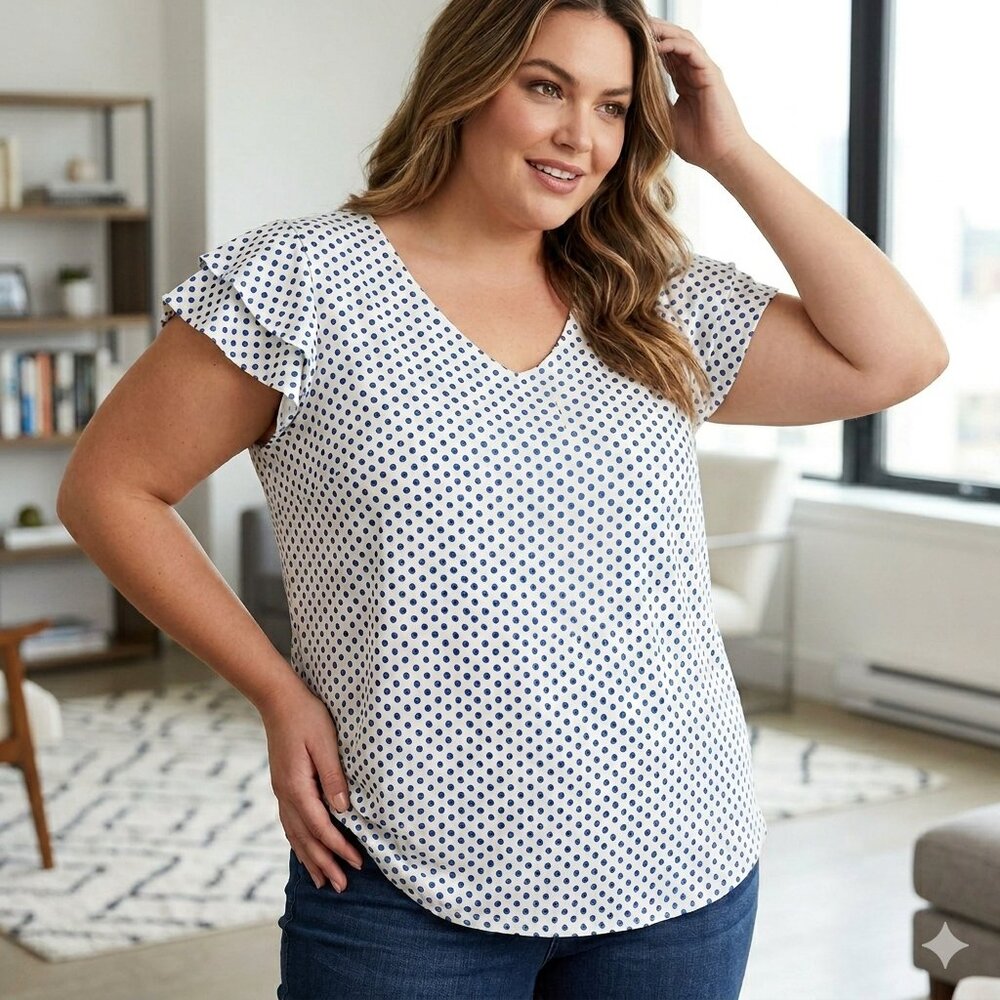 NWT Premise Woman Blue & White Polka Dot Flutter Sleeve Top 2X